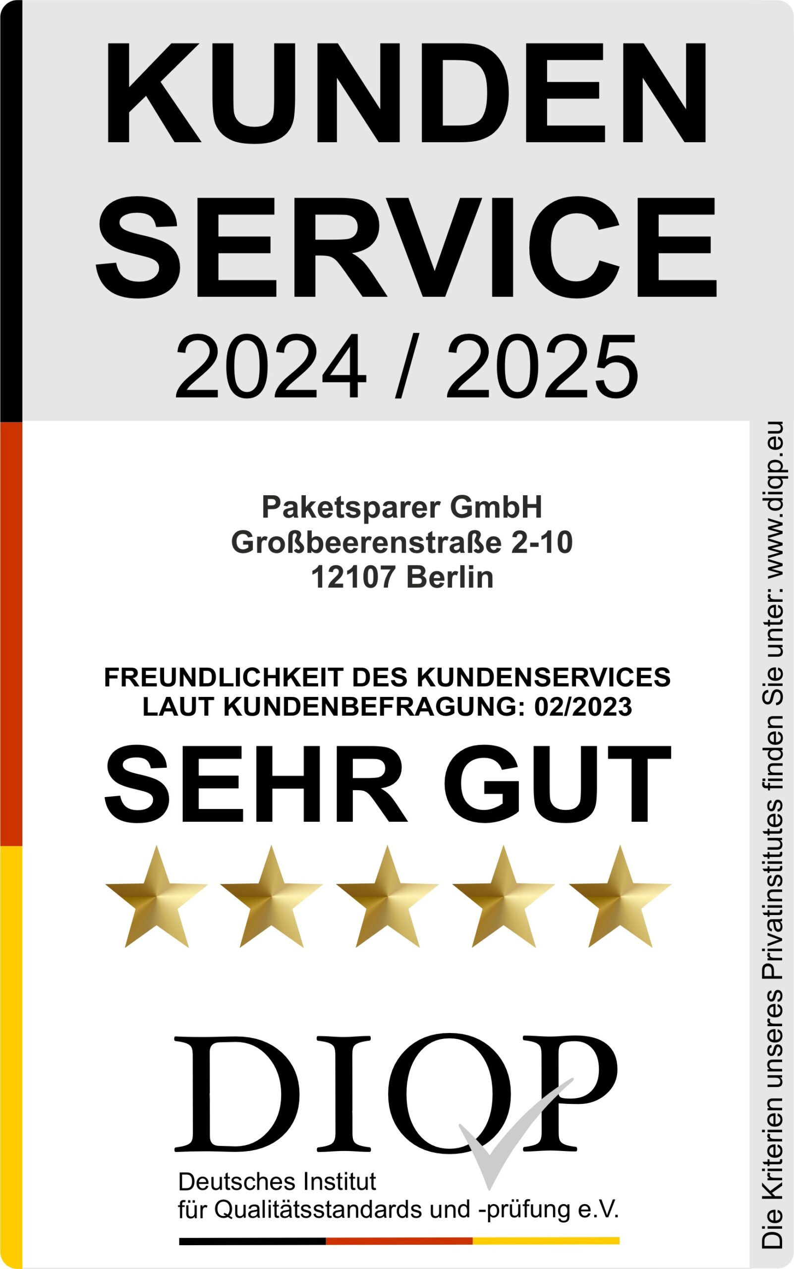 Historisches DIQP-Siegel Kundenservice 2024/2025 für die Paketsparer GmbH